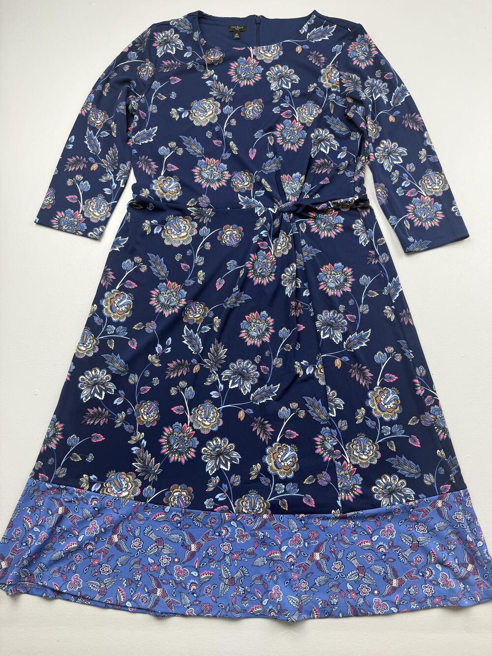 Talbots Dress Womens 14P Blue Floral 3/4 Sleeve Belted A-Line Ruffle Hem Casual